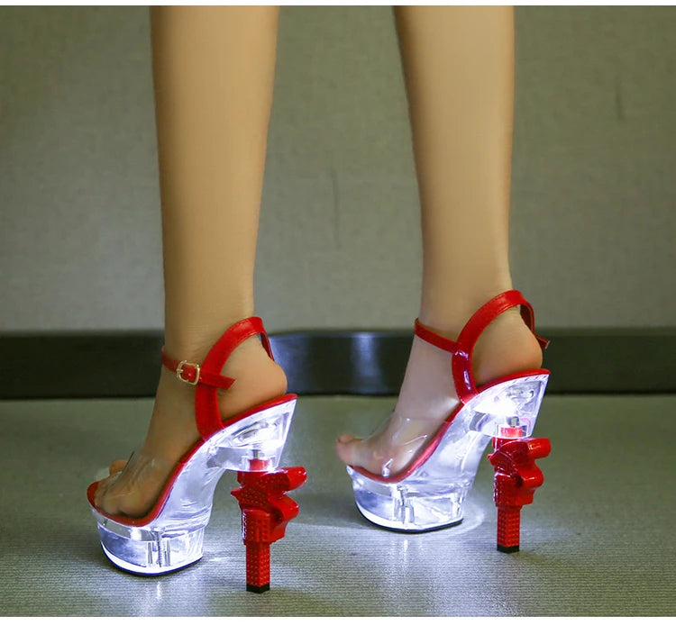 Voesnees Ultra-heeled Sandals LED Glowing Platform Women Shoes  Sexy Rhinestones Pistol High Heels Female Stiletto Wedding Shoes