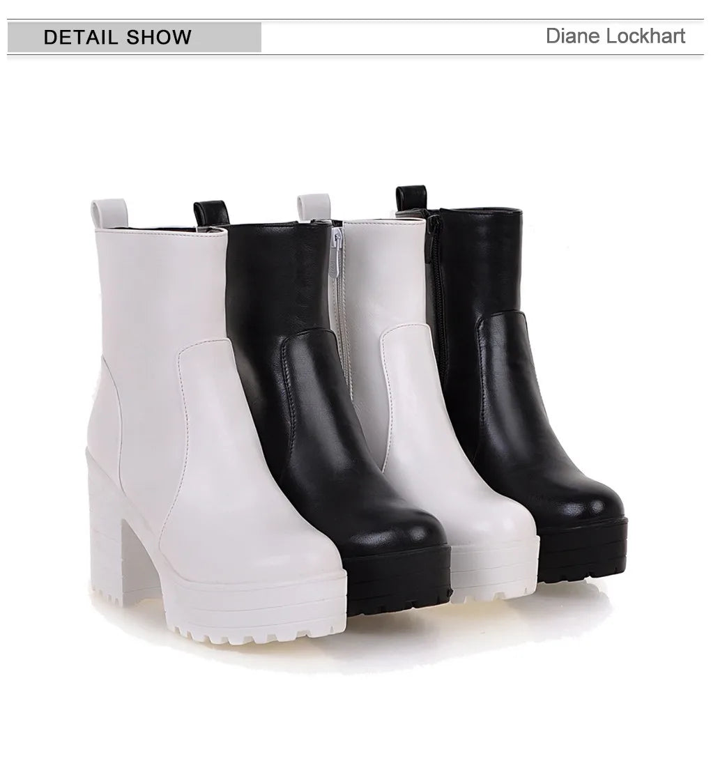 Western Fashion Booties Round Toe Zipper Women's Shoes Super High Thick Heel Ankle Boots Womens Platform Heels Lady Footwear