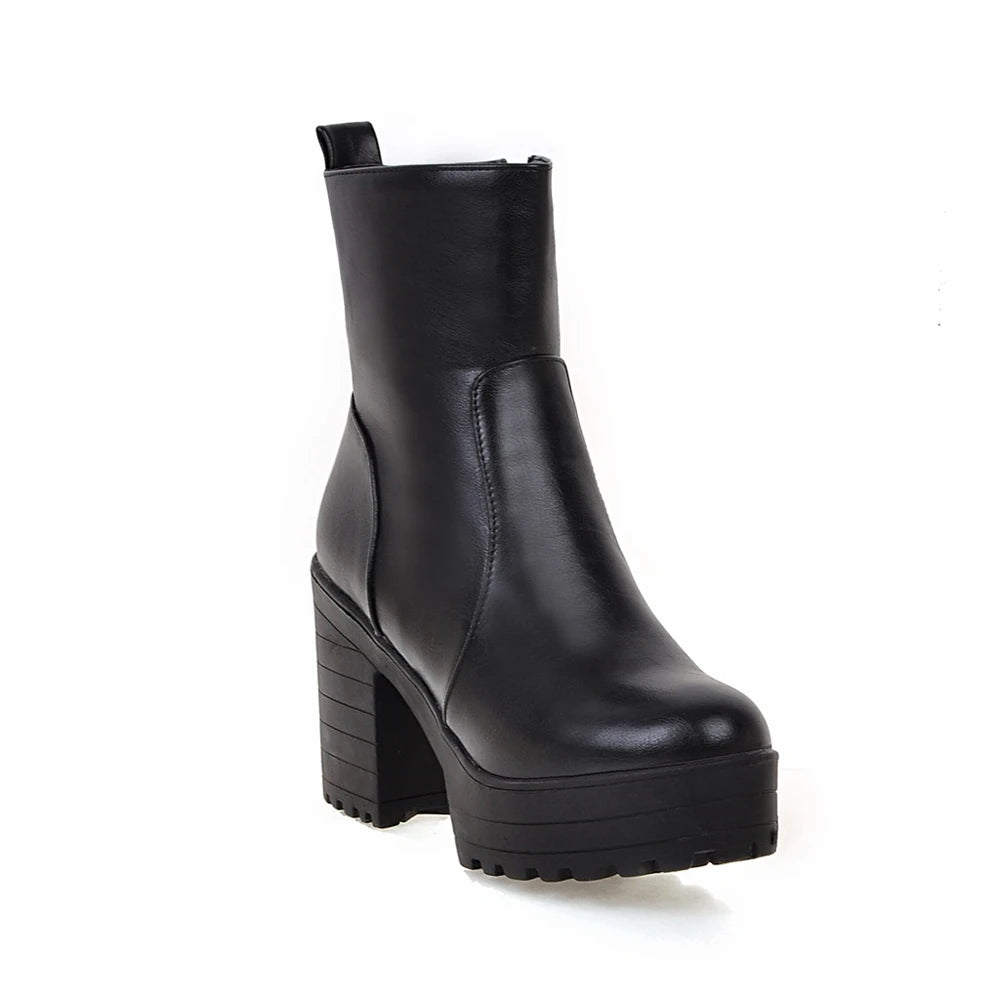Western Fashion Booties Round Toe Zipper Women's Shoes Super High Thick Heel Ankle Boots Womens Platform Heels Lady Footwear