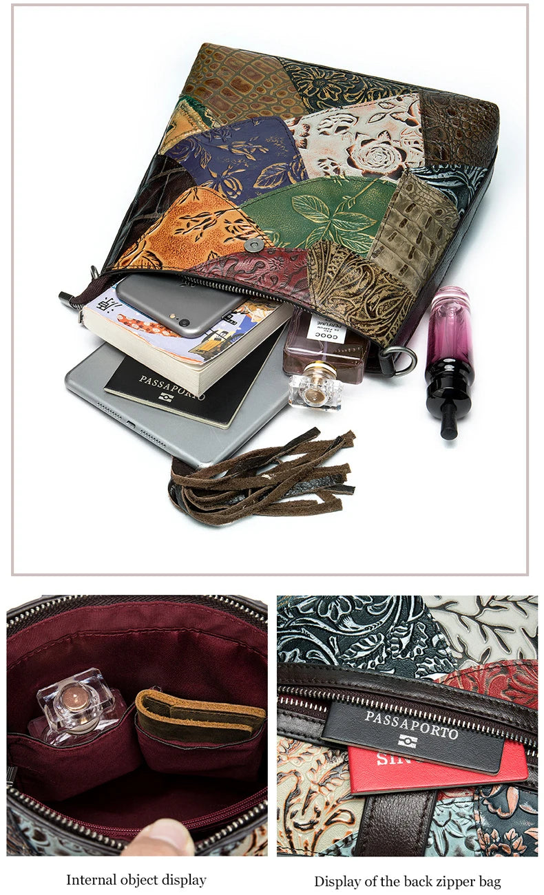 MAHEU Fashionable Women Shoulder Bag Ethnic Style Genuine Leather Crossbody Bags of Female Ladies Patchwork Leather Sling Bag