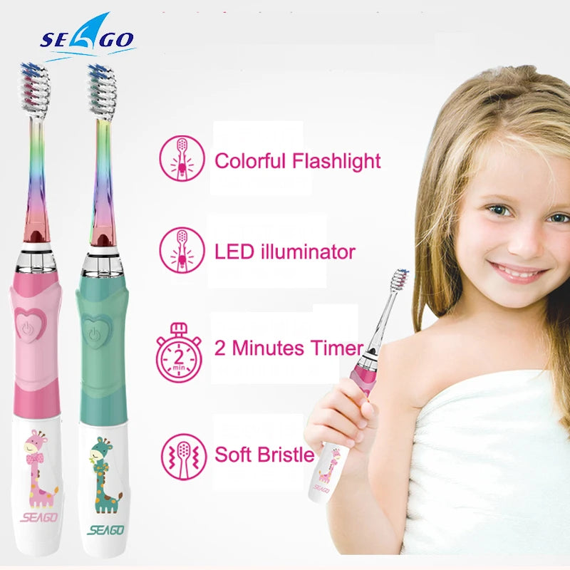 Seago Electric Toothbrush For Kids Colorful LED Flashlight 16000 Strokes Frequency Dupont Bristle 2 Heads Time Sonic Vibration