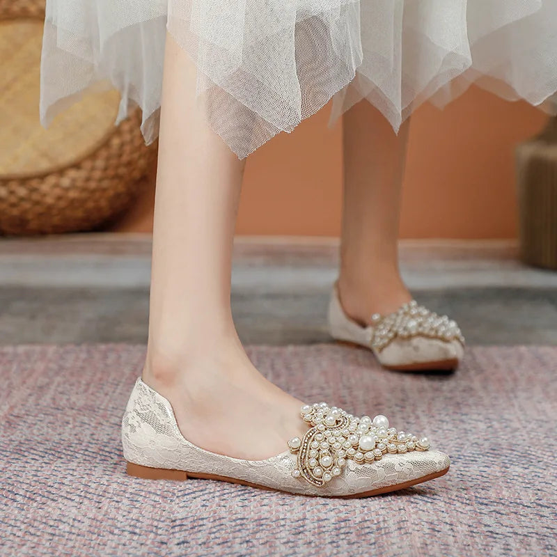 Designer Beads Wedding Shoes Women 2022 Lace Embroider Flats Woman Ballerina Pointed Toe Pearl Loafers Sneakers Plus Size 35-43