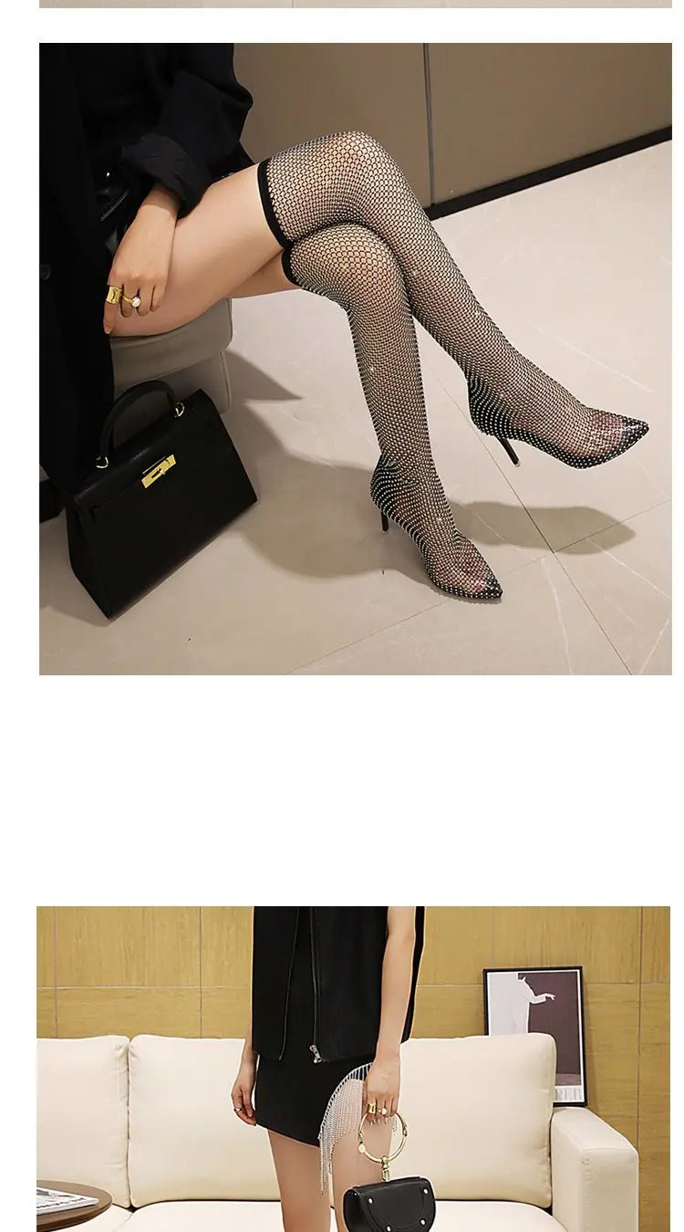 2021 Hot Nightclub Crystal Bling Summer Breathable Pointed Toe Super stiletto High Heels rhinestone gladiator boot