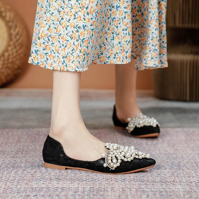Designer Beads Wedding Shoes Women 2022 Lace Embroider Flats Woman Ballerina Pointed Toe Pearl Loafers Sneakers Plus Size 35-43