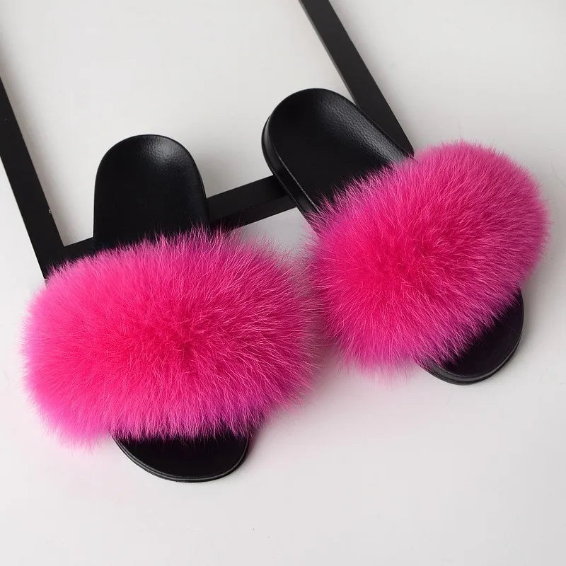 SARSALLYA Fur Slippers Women Real Fox Fur Slides Home Furry Flat Sandals Female Cute Fluffy House Shoes Woman Brand Luxury 2024