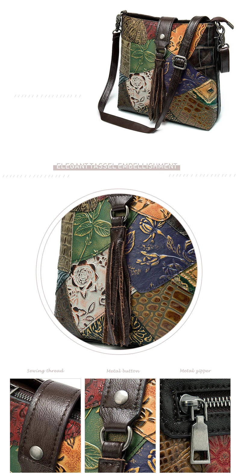 MAHEU Fashionable Women Shoulder Bag Ethnic Style Genuine Leather Crossbody Bags of Female Ladies Patchwork Leather Sling Bag