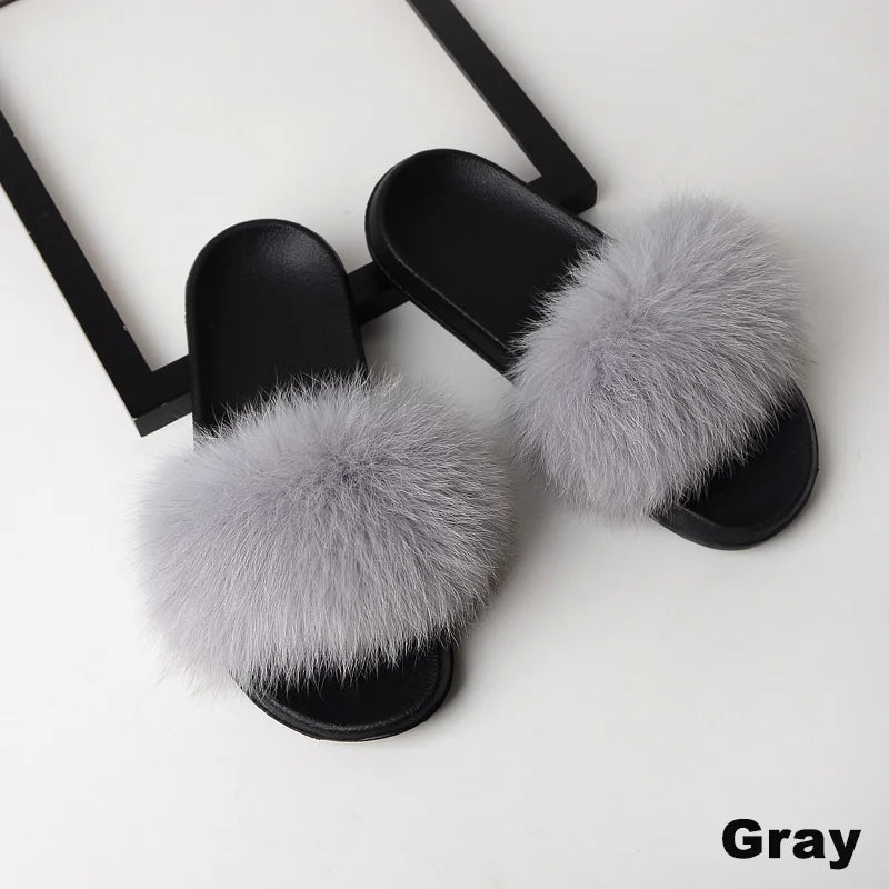 SARSALLYA Fur Slippers Women Real Fox Fur Slides Home Furry Flat Sandals Female Cute Fluffy House Shoes Woman Brand Luxury 2024