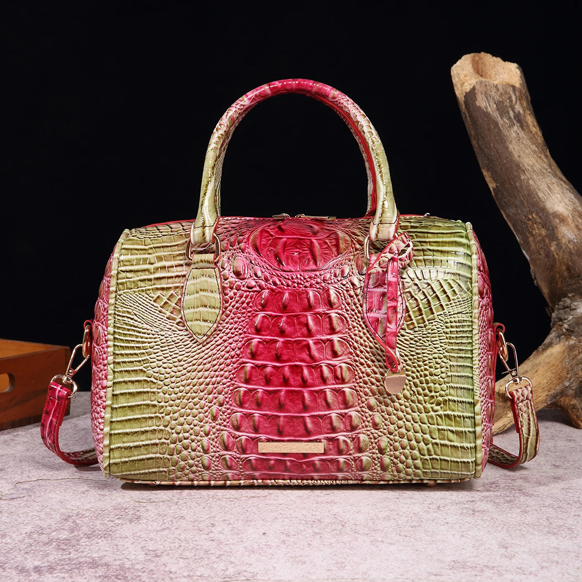 Ombre Crocodile Embossed Boston Handbag Classic Style Crossbody Bag Women's Leather Satchel Purse