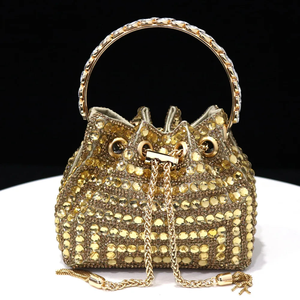 Rhinestones Women Evening Bags Bucket Design Party Day Clutch Soft Mixed Color Handle Design Handbags Purse Mature