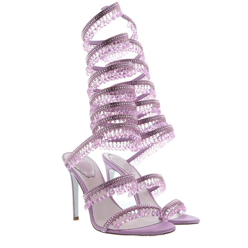 2025 Women's New Rhinestone Sandals Fashion Tassel Crystal Shoes Sexy Nightclub Banquet Party Twining Stiletto Women's Sandals