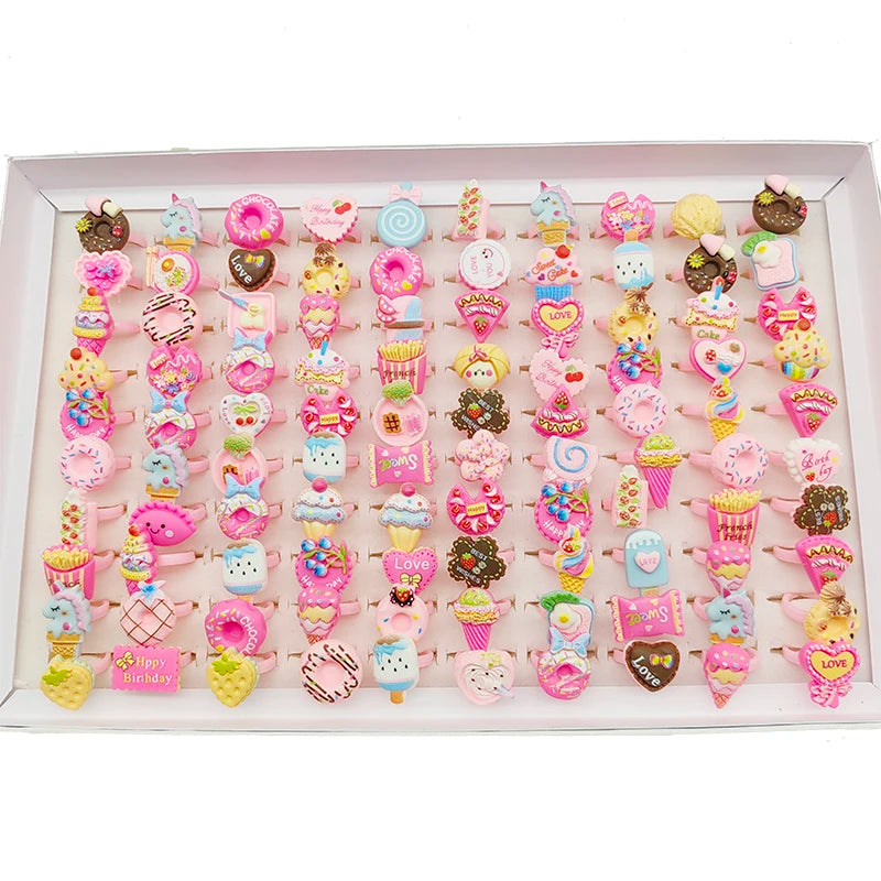 30/100pcs/Lot Wholesale New Cute Kids Finger Rings Party Pink Candy Ice Cream Donuts Cake Child Jewelry Open Adjust Gifts Girls