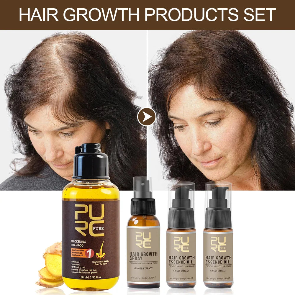 PURC Hair Growth Products Set Natural Ginger Essence Oil Fast Hair Growth Spray And Hair Thicken Shampoo Beauty Health 4Pcs