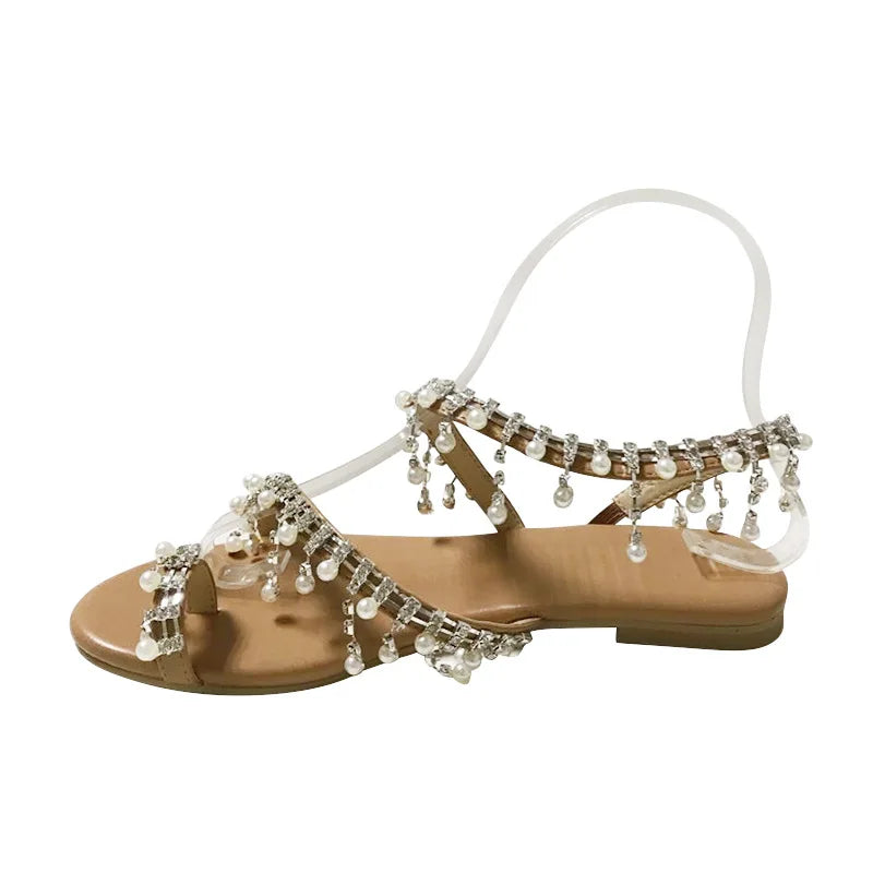 1 Pair Women Beach Sandals Faux Pearl Tassels Flat Dressy Ankle Strap Open Toe Lightweight Women Casual Sandals Shoes