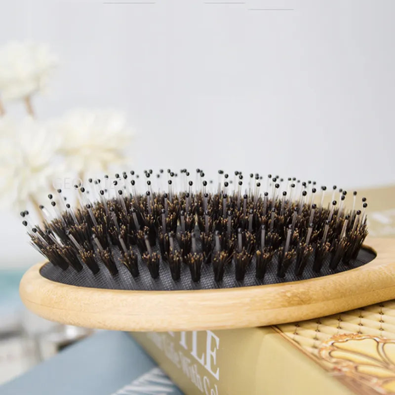 Hair Brush Natural Bamboo Handle Boar Bristles Anti-static Hair Scalp Paddle Hairbrush Gasbag Massage Comb Hair Care