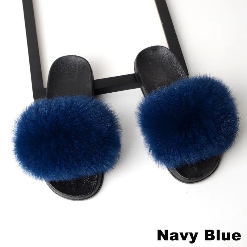 SARSALLYA Fur Slippers Women Real Fox Fur Slides Home Furry Flat Sandals Female Cute Fluffy House Shoes Woman Brand Luxury 2024