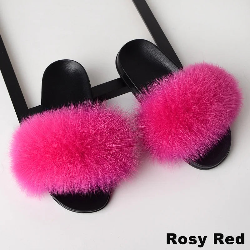 SARSALLYA Fur Slippers Women Real Fox Fur Slides Home Furry Flat Sandals Female Cute Fluffy House Shoes Woman Brand Luxury 2024
