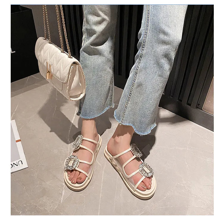 pearl rivets thick bottom women slippers crystal beading flip flops lace band platform sandalias mujer pearl slides big size 43