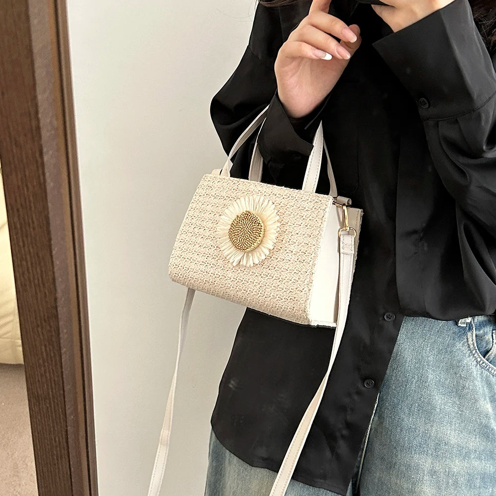 Rattan Woven Women Straw Bag Adjustable Shoulder Bag Handbag Knit Flower Summer Beach Woman Shoulder Messenger Khaki Beige Bags