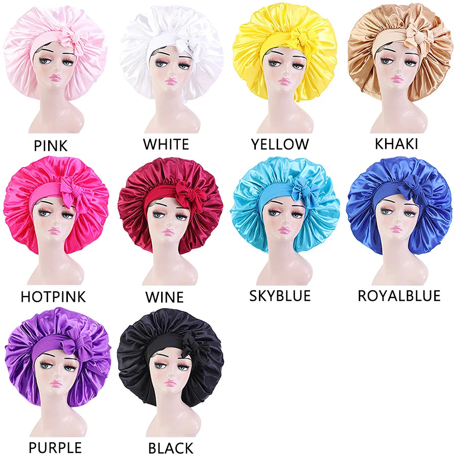 New Large Satin Bonnet Silk Night Sleeping Cap Long Satin Bonnet With Head Tie Band Bonnet Edge Wrap For Women Curly Braid Hair