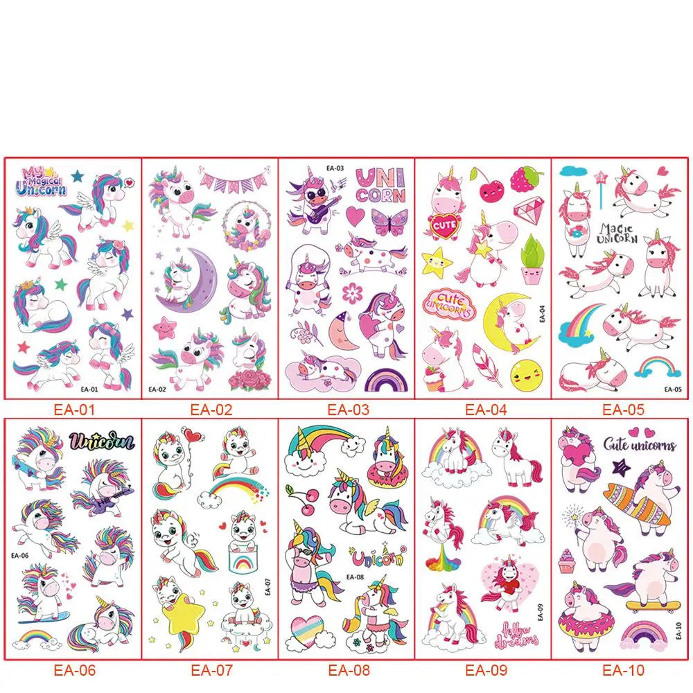 10Pcs/set Waterproof Kids DIY Cartoon Fake Tattoo Stickers Cute Unicorn Animals Car Dinosaur Fish Temporary Tattoo Stickers