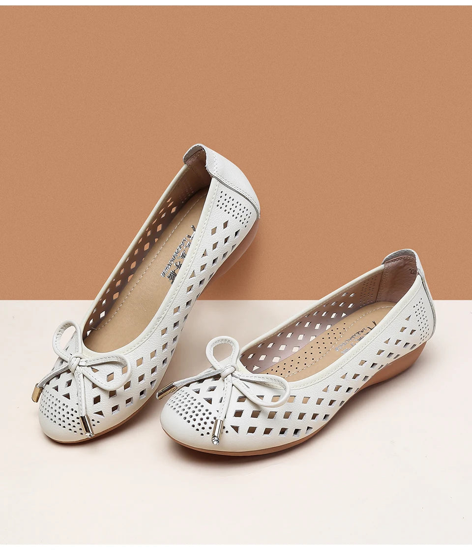 Summer Slip-on Shoes Flat Hollow Comfortable Woman Shoes Genuine Leather Soft Bottom White Breathable Mule Women's Moccasins 41