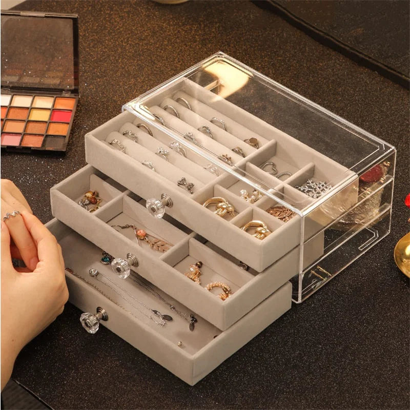 Three-layer Transparent Velvet Jewelry Drawer