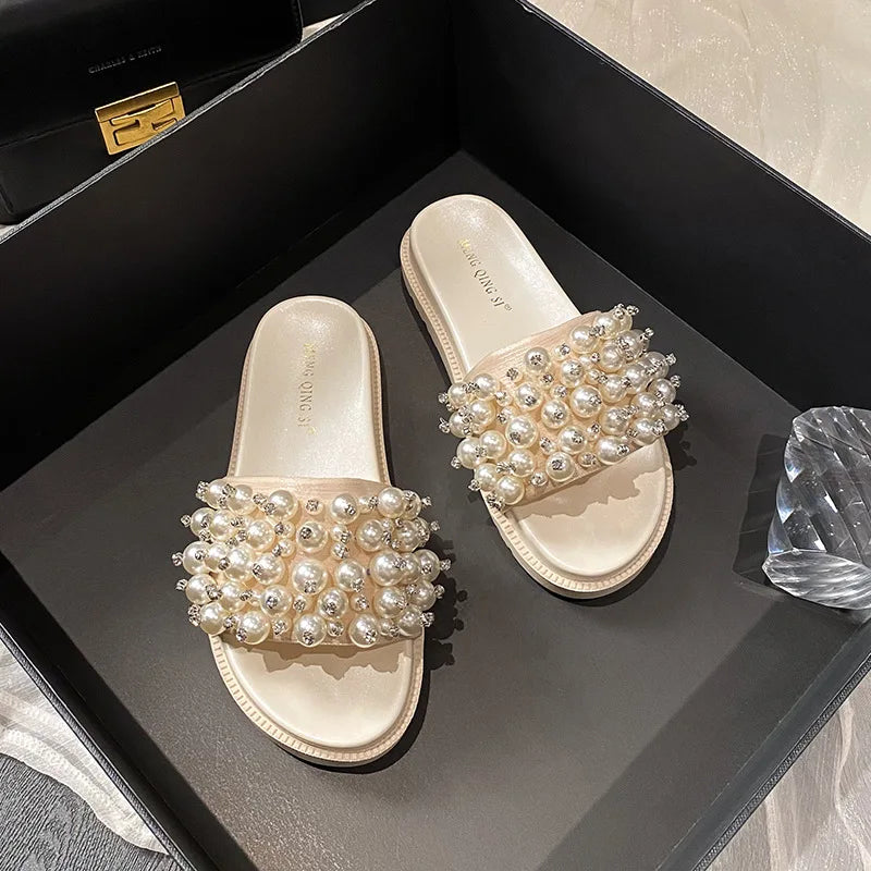 pearl rivets thick bottom women slippers crystal beading flip flops lace band platform sandalias mujer pearl slides big size 43
