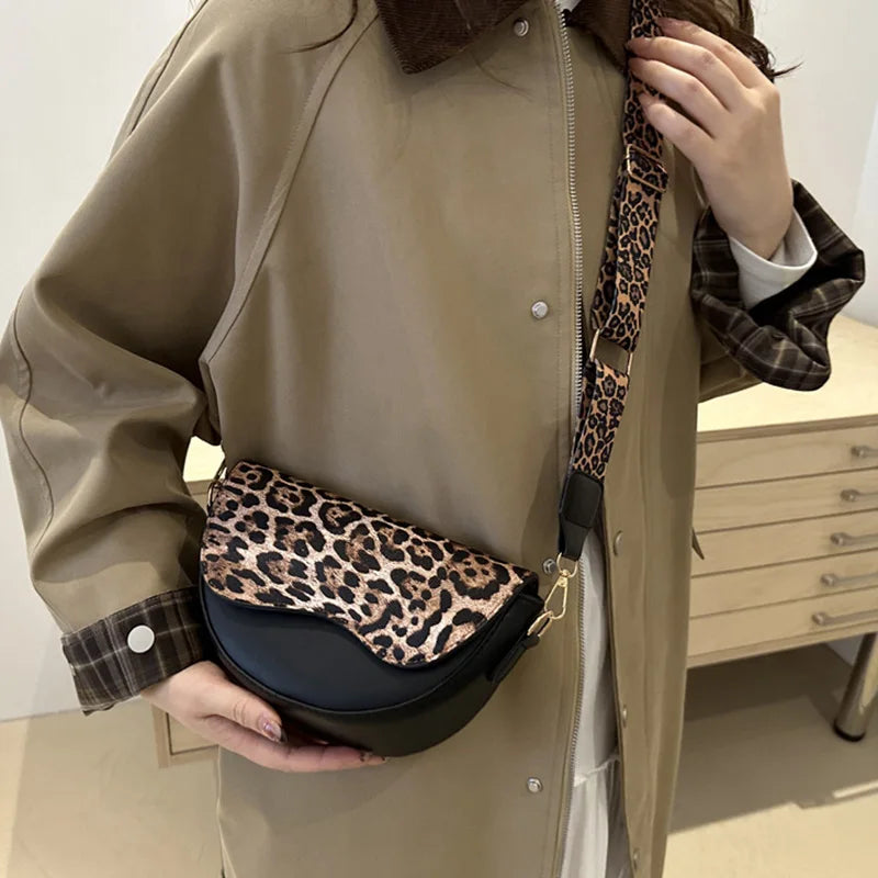 Wide Strap Leopard Print Crossbody Bags For Women, Fashion Designer Shoulder Bag For Daily Used, Versatile Ladies Handbags