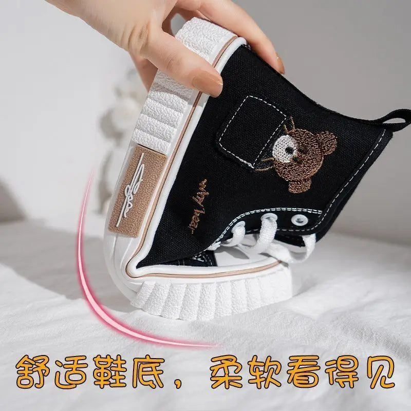 Comemore High-top Canvas Woman Vulcanized Shoes Flats Casual Espadrilles for Women Spring Lady Black White Bear Lace Up Sneakers