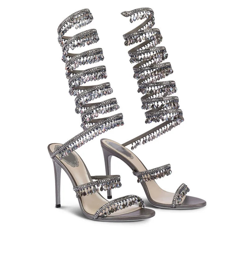 2025 Women's New Rhinestone Sandals Fashion Tassel Crystal Shoes Sexy Nightclub Banquet Party Twining Stiletto Women's Sandals