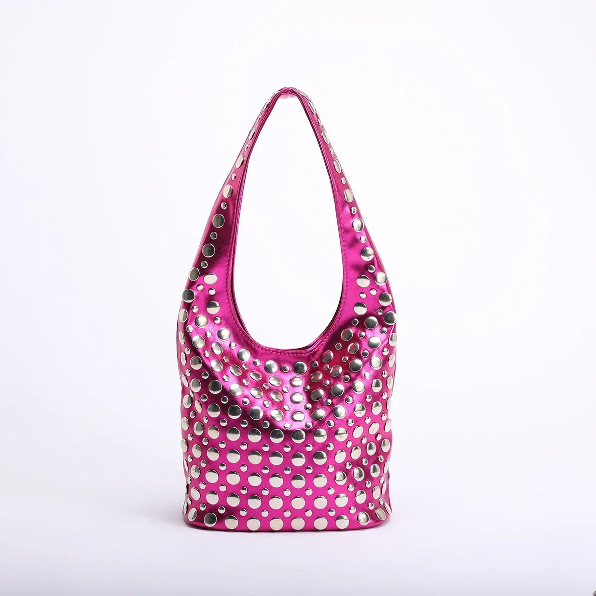 Punk Style Embellished Double-Faced Round Rivet Inlaid Niche Luxury Bucket Bag Chic Lady Underarm Large Capacity Shoulder Bag
