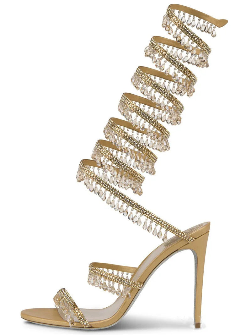 2025 Women's New Rhinestone Sandals Fashion Tassel Crystal Shoes Sexy Nightclub Banquet Party Twining Stiletto Women's Sandals