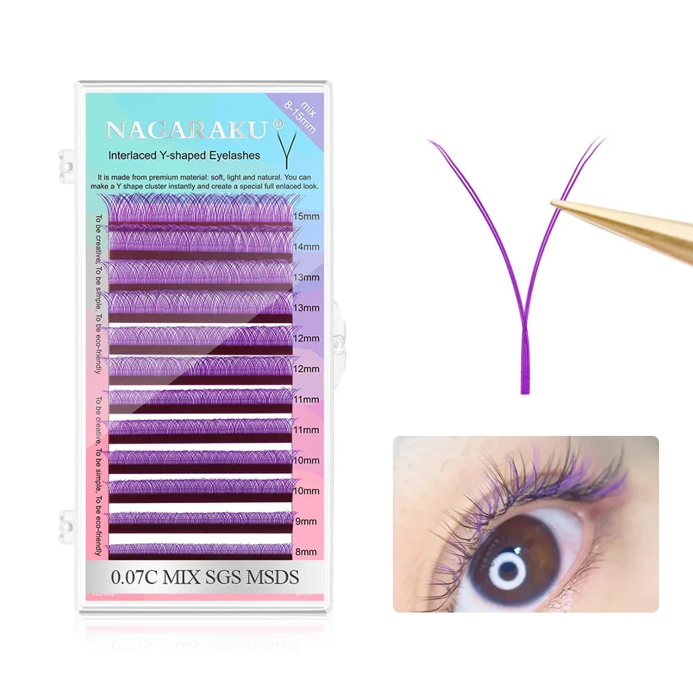 NAGARAKU Color YY Shape Hand Woven Premium Synthetic Mink Eyelashes Pink Red Blue Purple Green Soft Natural Meshy Net Cross