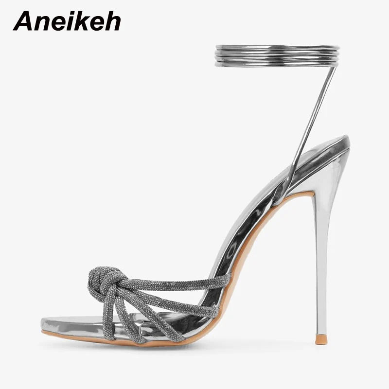 Aneikeh 2025 New Fashion Concise Square Open Toe Narrow Band Ankle Cross-Tied Thin High Heel Women Sandals  Sandals Silver Gold