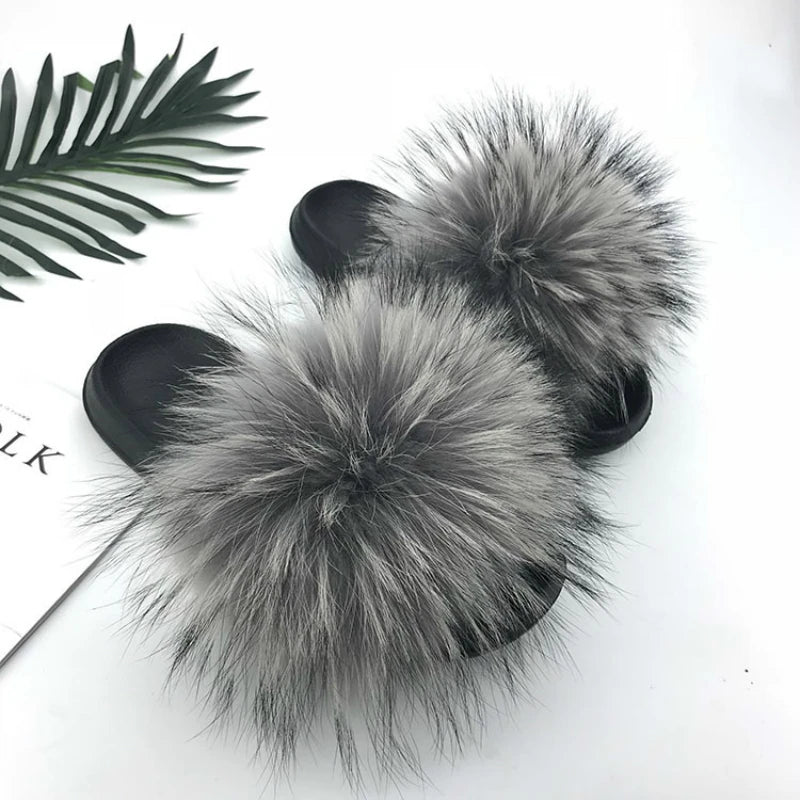 SARSALLYA Fur Slippers Women Real Fox Fur Slides Home Furry Flat Sandals Female Cute Fluffy House Shoes Woman Brand Luxury 2024