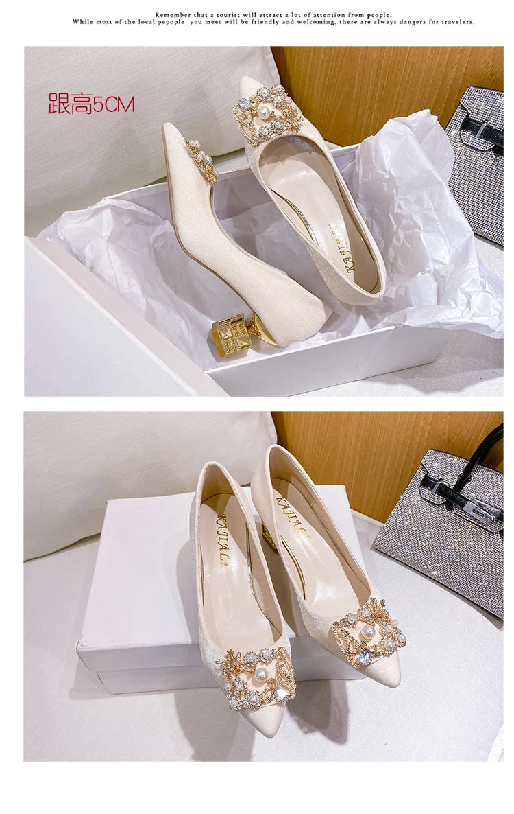 Autumn New Ladies High Heels Pointed Toe Shaped Heel High 5cm and 7cm Wedding Shoes Square Buckle Travel Banquet Shoe High Heels