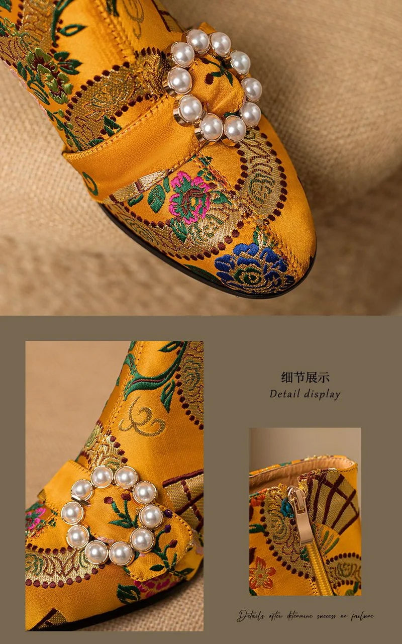 FHC New Chinese Style Women Ankle Boots,Fashion Embroidery Winter Shoes,High Heels Short Botas,Pointed Toe,Black,Yellow,Dropship