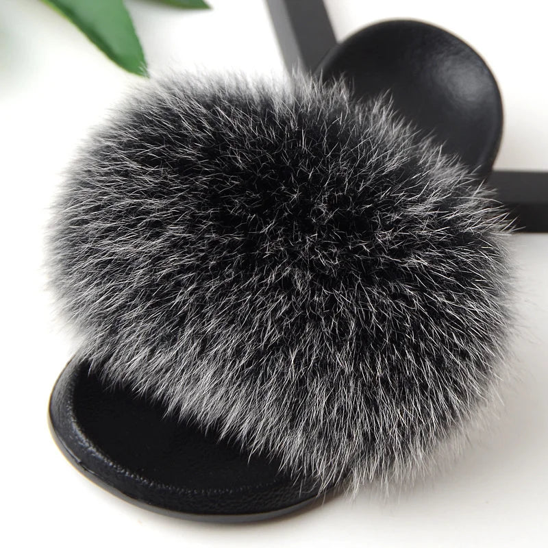 SARSALLYA Fur Slippers Women Real Fox Fur Slides Home Furry Flat Sandals Female Cute Fluffy House Shoes Woman Brand Luxury 2024