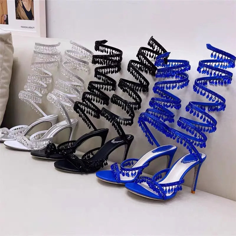 2025 Women's New Rhinestone Sandals Fashion Tassel Crystal Shoes Sexy Nightclub Banquet Party Twining Stiletto Women's Sandals