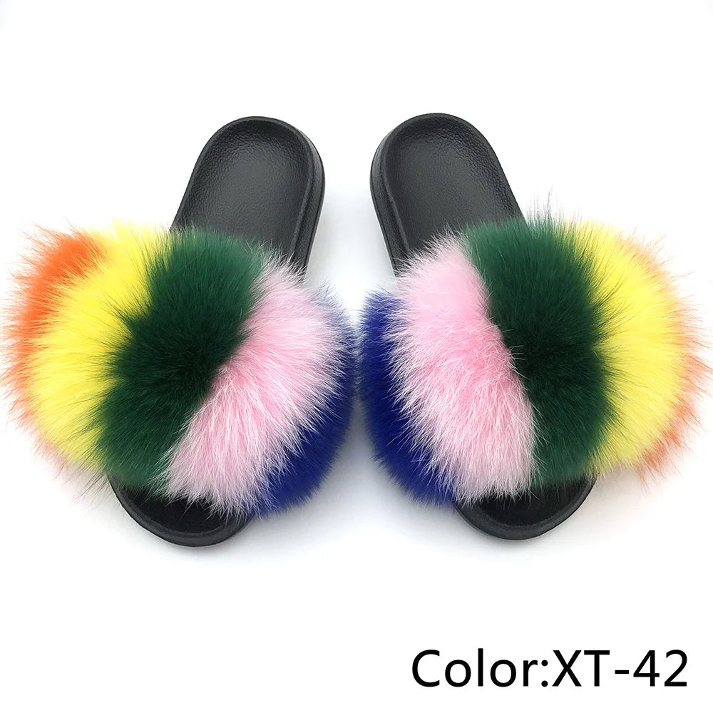 SARSALLYA Fur Slippers Women Real Fox Fur Slides Home Furry Flat Sandals Female Cute Fluffy House Shoes Woman Brand Luxury 2024