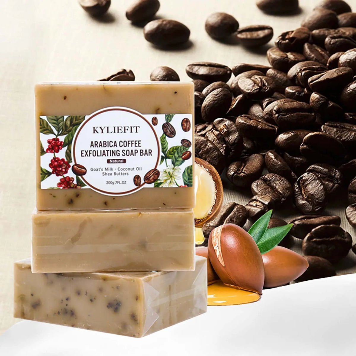 KYLIEFIT Arabica Coffee Exfoliating Soap, Deep Cleaning, Smooth Skin, With Coconut Oil, Shea Butter, Suitable for Face and Body