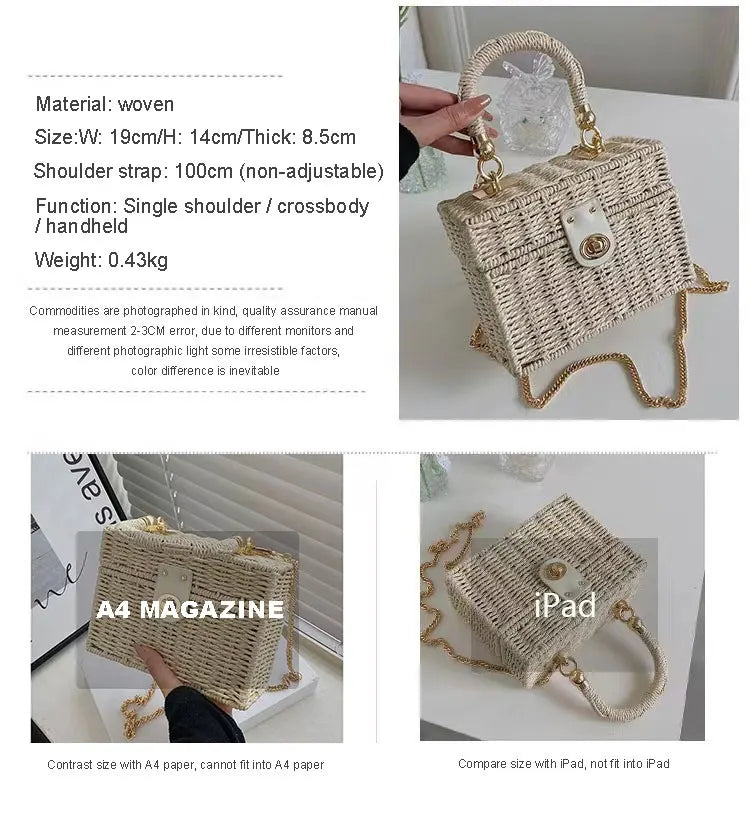 New rattan black straw Shoulder Bag Women hand-woven Messenger Bag Summer Beach Square box Straw Handbag For lady Bolsa Feminina