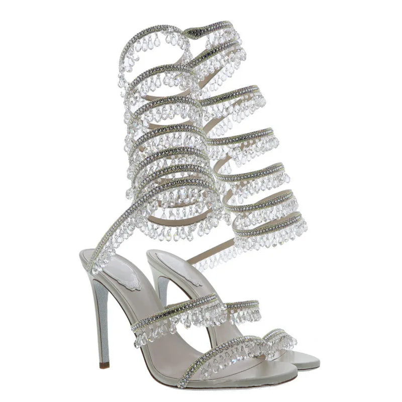 2025 Women's New Rhinestone Sandals Fashion Tassel Crystal Shoes Sexy Nightclub Banquet Party Twining Stiletto Women's Sandals