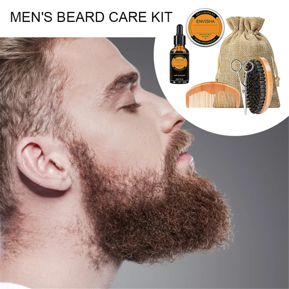 1 Set Men Beard Grooming Kit Mustache Beard Hair Growth Oil Styling Tool Beard Essential Balm Comb Moisturize Wax Scissor