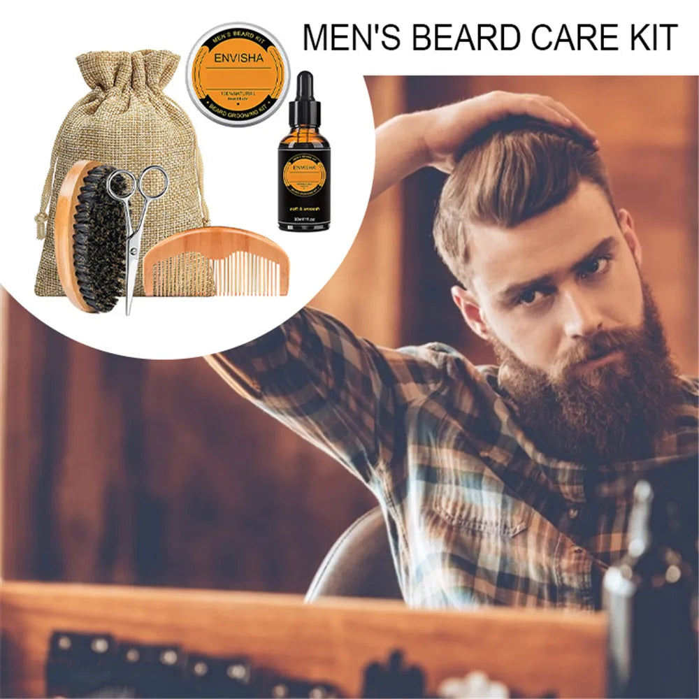 1 Set Men Beard Grooming Kit Mustache Beard Hair Growth Oil Styling Tool Beard Essential Balm Comb Moisturize Wax Scissor