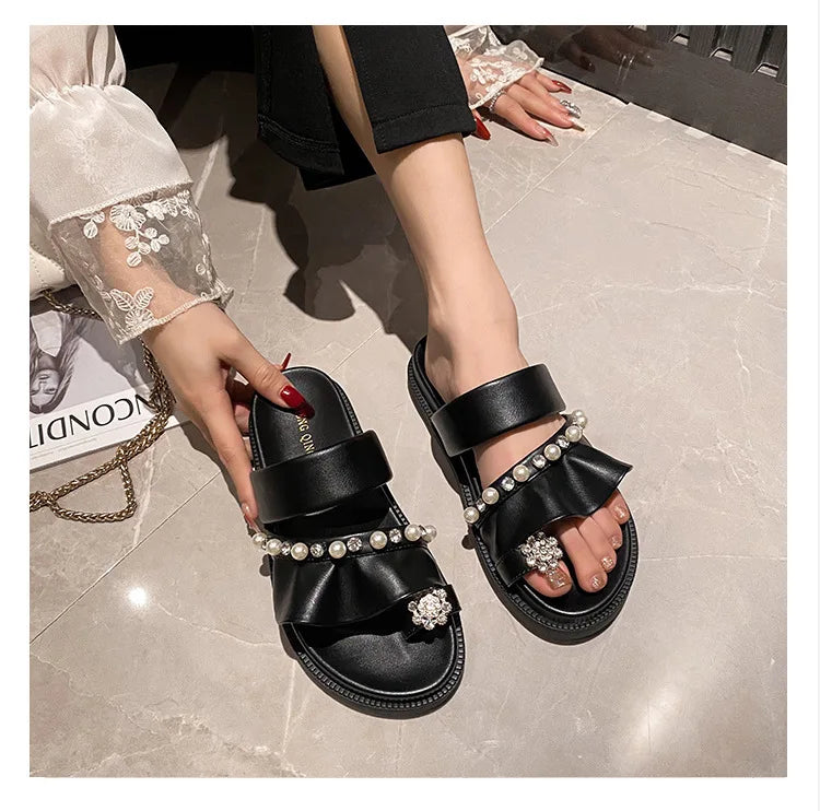 pearl rivets thick bottom women slippers crystal beading flip flops lace band platform sandalias mujer pearl slides big size 43