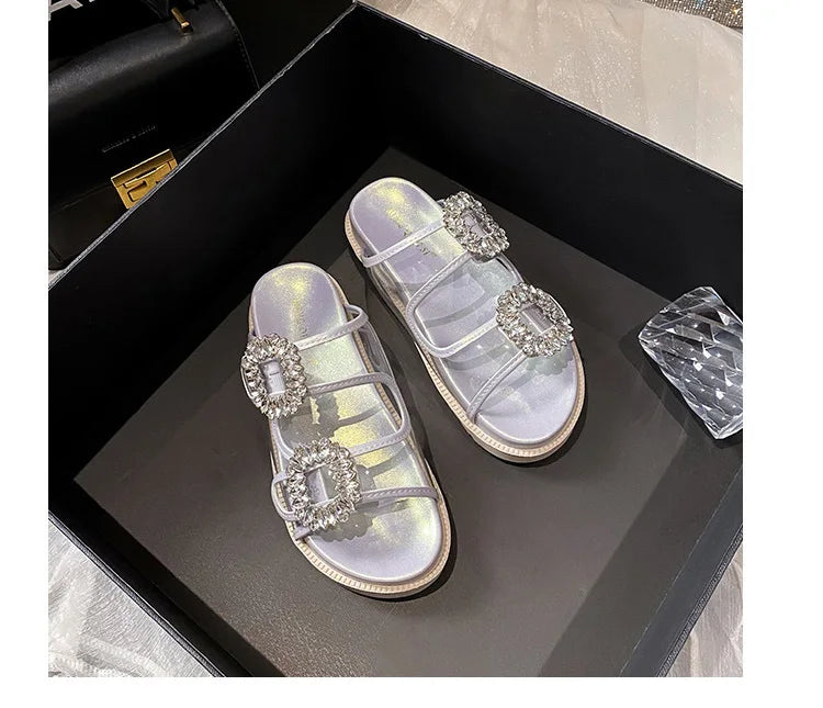 pearl rivets thick bottom women slippers crystal beading flip flops lace band platform sandalias mujer pearl slides big size 43