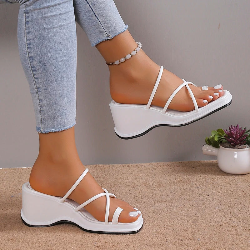 Best Women's White Wedge Sandals Summer Ring Toe Cross Strap Gladiator Sandals Woman Non Slip Platform Beach Slippers