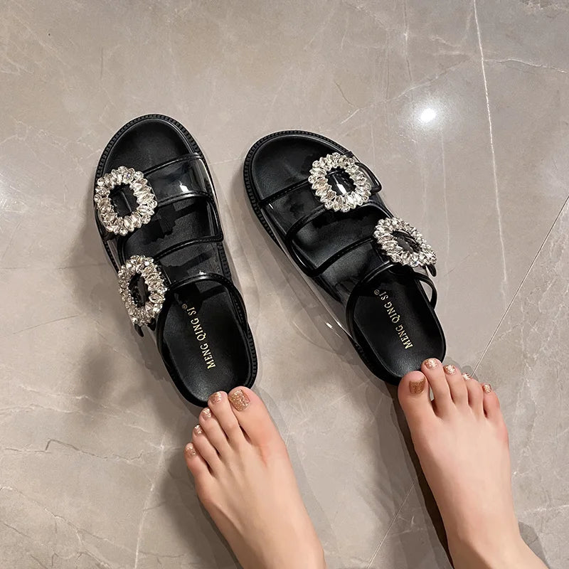 pearl rivets thick bottom women slippers crystal beading flip flops lace band platform sandalias mujer pearl slides big size 43