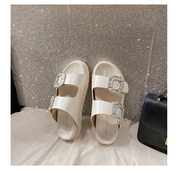 pearl rivets thick bottom women slippers crystal beading flip flops lace band platform sandalias mujer pearl slides big size 43